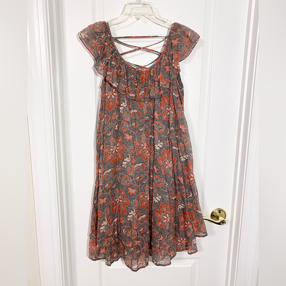 French Connection Floral Ruffle Neck Lace Up Back Sleeveless Flowy Dress Gray 6